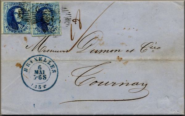 lettre ancienne (avec timbres postes et cachets) Bruxelles (Belgique)--> Tournay / Tournai  (Belgique) - 06 mai 1854