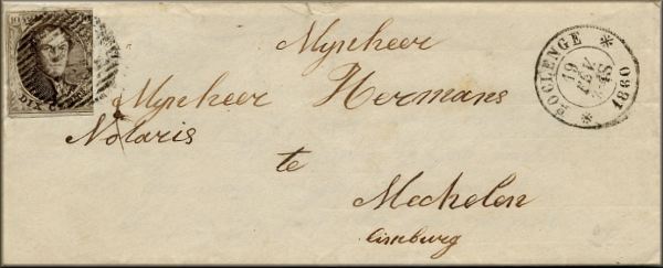 lettre ancienne (avec timbre poste et cachets) Roclenge sur Geer (Belgique) --> Mechelen (Belgique) - 19 fevrier 1860