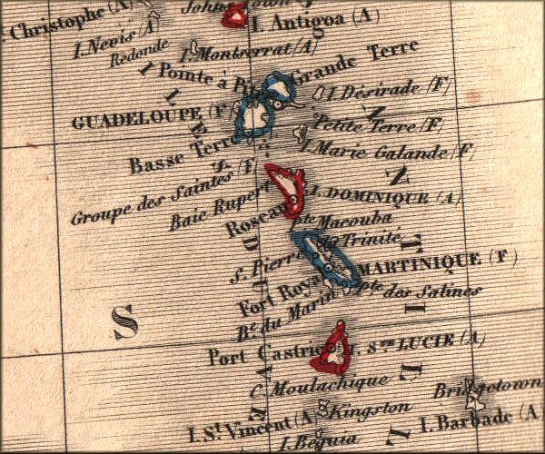 Guadeloupe - Martinique - Antilles - carte geographique ancienne de 1843