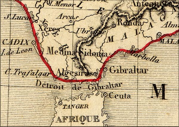 carte gographique ancienne de Gibraltar et du nord du Maroc (atlas geographique francais de 1843)