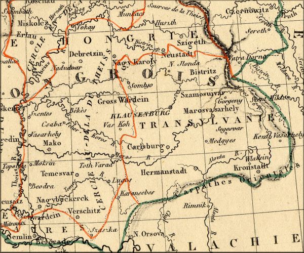 Transylvanie / Siebenbuergen Sachsen / Erdely / Ardeal - Banat de Temesvar / Bansag / Donauschwaben - Roumanie / Romania - cartes geographiques anciennes (atlas d'Alexandre Vuillemin - Paris 1843 et carte physique et politique de l'Empire d'Autriche de Louis Dussieux 1846) - patries de Dracula / Vlad Tepes et Tarzan / Johnny Weissmuller