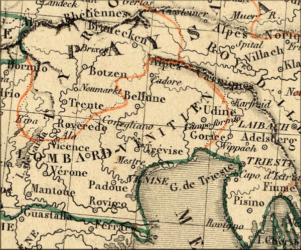 Trentin Haut Adige et Frioul Venetie Julienne - Trentino Alto Adige / Sudtirol - Friuli Venezia Giulia - Italie / Italia / Italy - carte geographique ancienne (atlas d'Alexandre Vuillemin - Paris 1843)