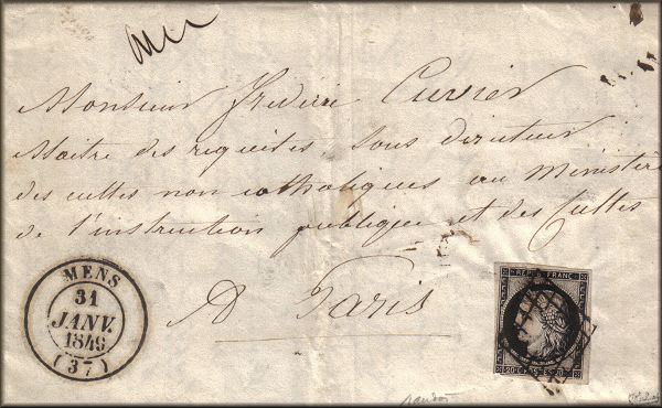 lettre ancienne pour Frederic Cuvier avec 1 timbre poste Ceres 20 centimes (Deuxieme Republique - graveur Barre) et 1 cachet postal : Mens (Isere - France) --> Paris (Seine - France) - 31 janvier 1849