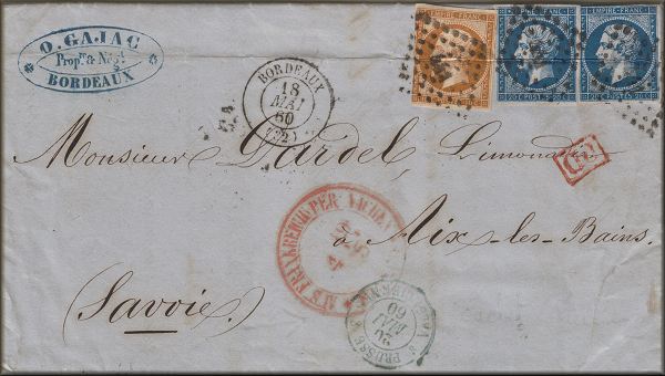 lettre ancienne avec cachets et trois timbres poste Napoleon III : Bordeaux --> Aix les Bains (Savoie) - 18/05/1860 (tarif postal etranger)