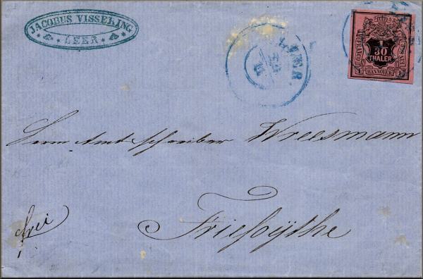 lettre ancienne (avec un timbre poste et un cachet postal) Leer (Hanovre - Allemagne) --> Friesoythe 29/09/1857