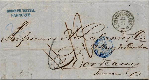 lettre ancienne (sans timbre poste avec cachets postau) Hanovre / Hannover (Allemagne) --> Bordeaux (Gironde - France) 23/11/18??