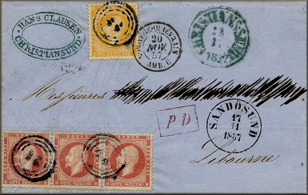 lettre ancienne (avec timbres poste et cachets postaux) de Christiansund / Kristiansund (Norvege / Norge / Noreg) --> Libourne (Gironde - France) via Sandosund / Sandoesund du 13 novembre 1856