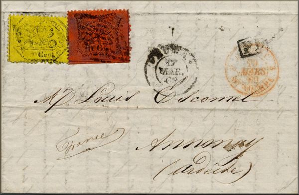 lettre ancienne (avec 2 timbres poste aux armoiries du pape et 3 cachets) de Rome / Roma (Latium - Italie) --> Annonay (Ardeche - France) du 17 mars1869