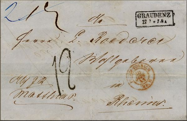 lettre ancienne (sans timbre poste avec cachets postaux) de Graudenz / Grudziadz (Pologne) --> Rheims / Reims (Marne - France) du 27 juillet 1858