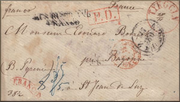 lettre ancienne (sans timbre avec cachets postaux et mentions) de Tykocin / Tiktin (Pologne) --> Saint Jean de Luz (Pays Basque - France) via Berlin (Prusse - Allemagne) du 18 novembre 1851
