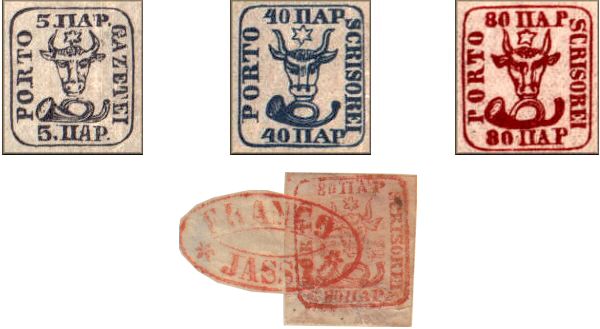 Timbres poste tete de taureau / cap de bour de Moldavie - seconde emission de 1858 - avec cachet postal Franco Jassy