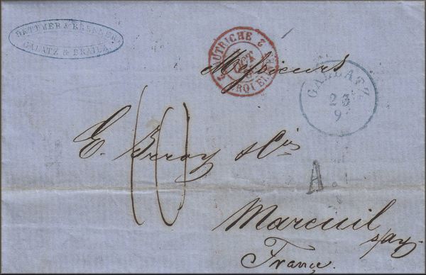 lettre ancienne (sans timbre poste mais avec cachets postaux) de Galatz / Gallatz / Galati (Moldavie / Roumania) --> Mareuil sur Ay (Marne - France) via Pest / Pesht / Budapest et Erquelines du 23 septembre 1860