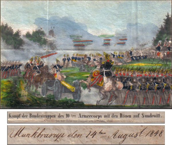 lettre ancienne (sans timbre poste et avec cachet postal et sceau) Munkbarup (Schleswig - Allemagne) --> Suhlen / Suehlen (Holstein - Allemagne) via Bad Oldesloe (Holstein - Allemagne) du 14 aout 1848 (bataille du Sundewitt / Sundeved pres de Duppel / Dueppel / Dybbol / Dybboel)