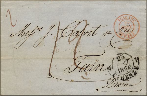 lettre ancienne (sans timbre poste avec 2 cachets) : Firenze / Florence (Toscane - Italie) --> Tain l'Hermitage (Drome - France) via Marseille et Paris (France) via Antibes (Alpes maritimes France) - 25 septembre 1852