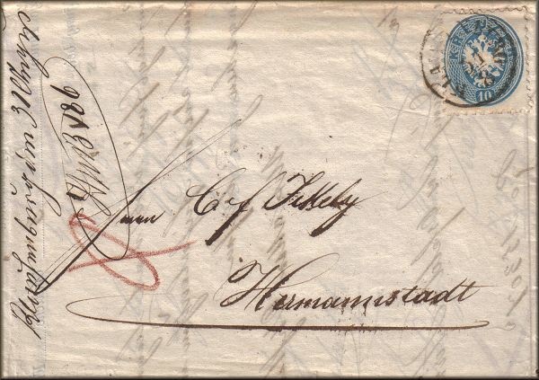 lettre ancienne (avec un timbre poste d'Autriche et un cachet postal) de Klausenburg / Cluj Napoca / Kolozsvar / Kleusenburch / Clausenburg / Kolosvar / Klusl --> Herrmannstadt / Hermannstadt / Hermanstadt / Sibiu / Nagyszeben (Transylvanie / Siebenbuergen / Erdely / Ardeal - Roumanie) du 3 aout 1864