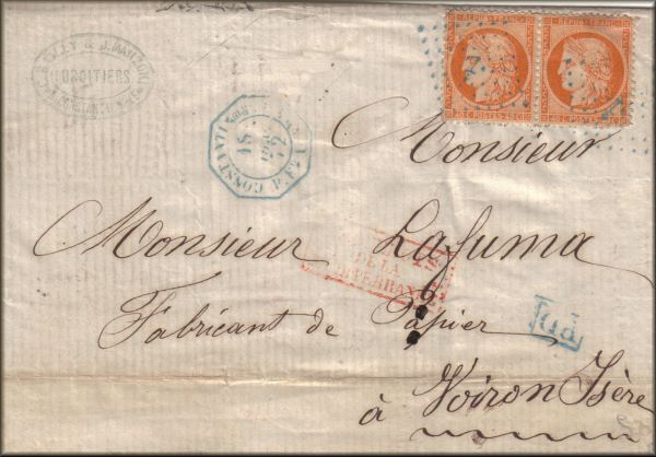 lettre ancienne avec deux timbres poste - avec cachets postaux) de Constantinople / Istambul / Istanbul / Stamboul (Turquie - empire ottoman) --> Voiron (Isere - France) via Marseille (Bouches du Rhone - France) du 18 decembre 1872 (lettre pour Monsieur Lafuma fabricant de papier)