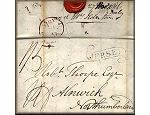 lettre ancienne (sans timbre poste et avec cachets postaux) de Saint Helier (Jersey) --> Alnwick (Angleterre) du 27 novembre 1816 - annee / millesime 1816 - jour anniversaire 26 novembre