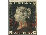 premier timbre poste one penny black avec profil de la reine Victoria invente par Sir Rowland Hill promoteur de la reforme du systeme postal britannique le 6 mai 1840
