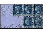 fragment de lettre ancienne de Douglas (ile de Man / isle of Man) du 11 mai 1865 avec un bloc de cinq timbres poste Victoria Two Pence et un cachet postal - annee / millesime 1865 - jour anniversaire 11 mai