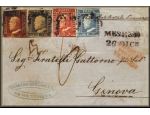 lettre ancienne (avec 4 timbres de Sicile et cachets) : Messina / Messine (Sicile - Italie) --> Genes / Genova (Ligurie - Italie) - 26 decembre 1859 (image reproduite avec l'aimable autorisation de Vaccari) (annee / millesime 1859)