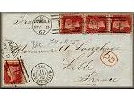 lettre ancienne avec 4 timbres poste Victoria et cachets postaux ecossais) de Dundee (Ecosse / Scotland - Royaume Uni / United Kingdom) --> Lille (Nord - France) du 9 mai 1867