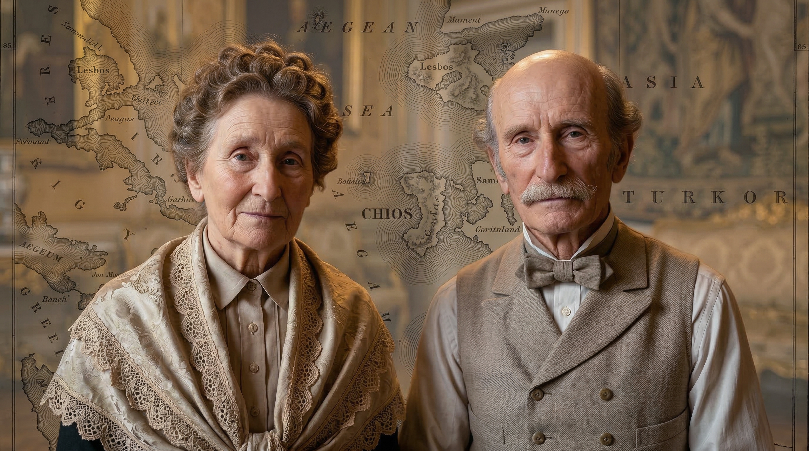 Ambrogio Stefano Ralli et son épouse Penelope Ralli à Trieste vers 1870. Reconstitution graphique de Didier Lebouc d'après deux bustes sculptés d'époque visibles à Trieste, Via Pascoli 31 (source initiale : Trieste Tematica)