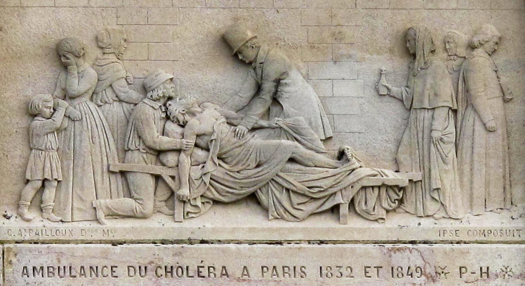 Bas-relief illustrant l'ambulance du choléra à Paris en 1832 et 1849 figurant sur une sépulture à Saint-Ambreuil en Saône-et-Loire (source Tangopaso - Wikimedia Commons).