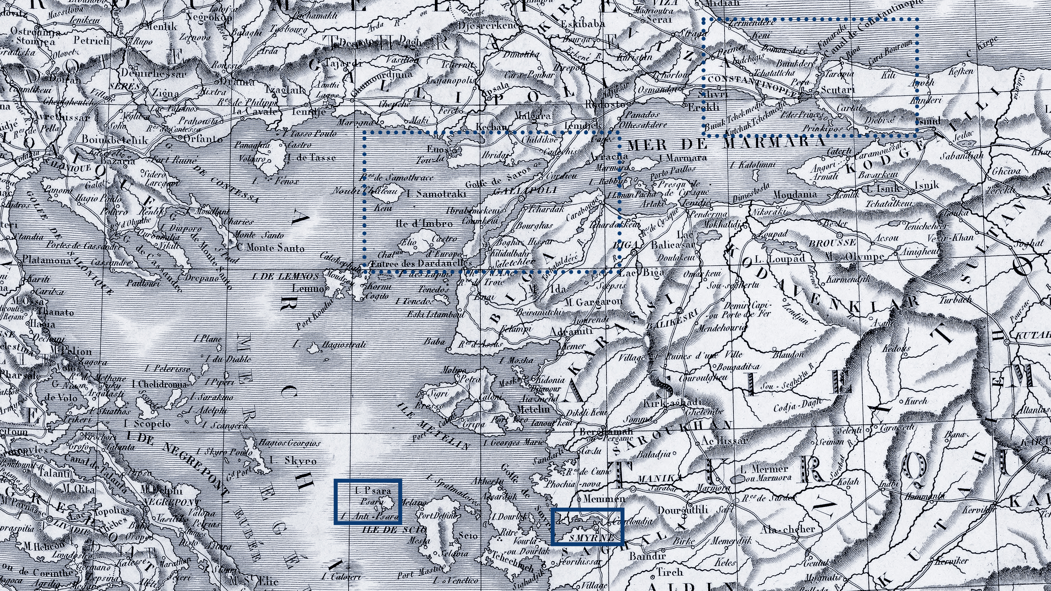 Extrait de la « Carte de la Turquie d'Europe & d'Asie contenant la Grèce ou Théâtre de la Guerre, entre les Grecs et les Turcs, dressée d'après les Voyages les plus récents par Hérisson, Géographe, éditée par Basset (Paris) en 1818 ». De gauche à droite, l'île de Psara et Smyrne sont entourées en bleu nuit, la zone du détroit des Dardanelles et celles de Constantinople et du Bosphore sont entourées en pointillés bleus (source originale Gallica).