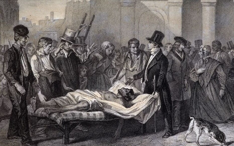 Cadavre dans un linceul, médecin et foule : choléra à Paris en 1832. Gravure de 1832 (source Leonard de Selva - Bibliothèque du Musée des Arts Décoratifs de Paris).