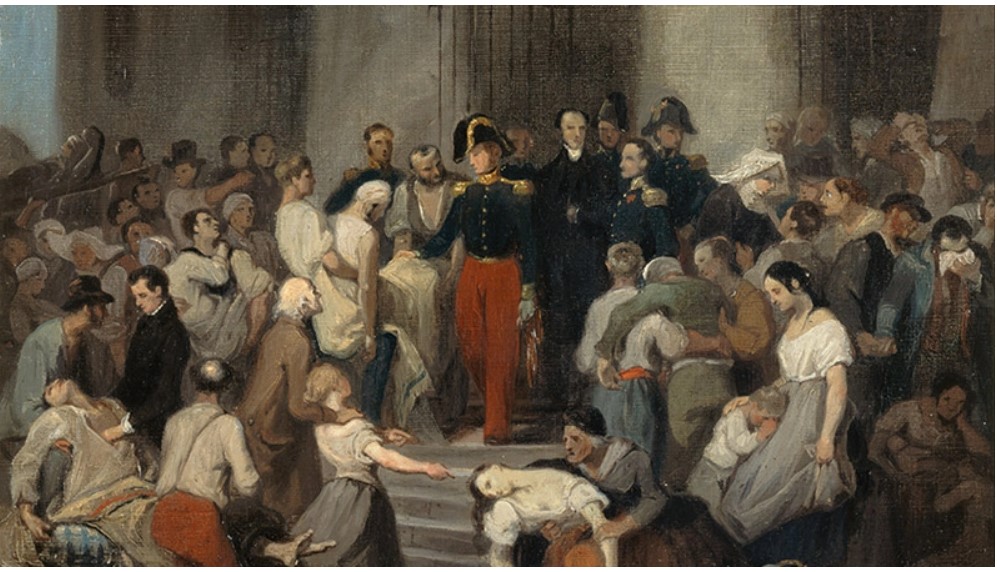 Le duc d'Orléans visitant les malades de l'Hôtel-Dieu pendant l'épidémie de choléra en 1832. Casimir Perier est à droite du duc, légèrement en arrière, en habit sombre avec un col blanc. Tableau de 1832 d'Alfred Johannot, Musée Carnavalet, Paris (source Wikimedia Commons).