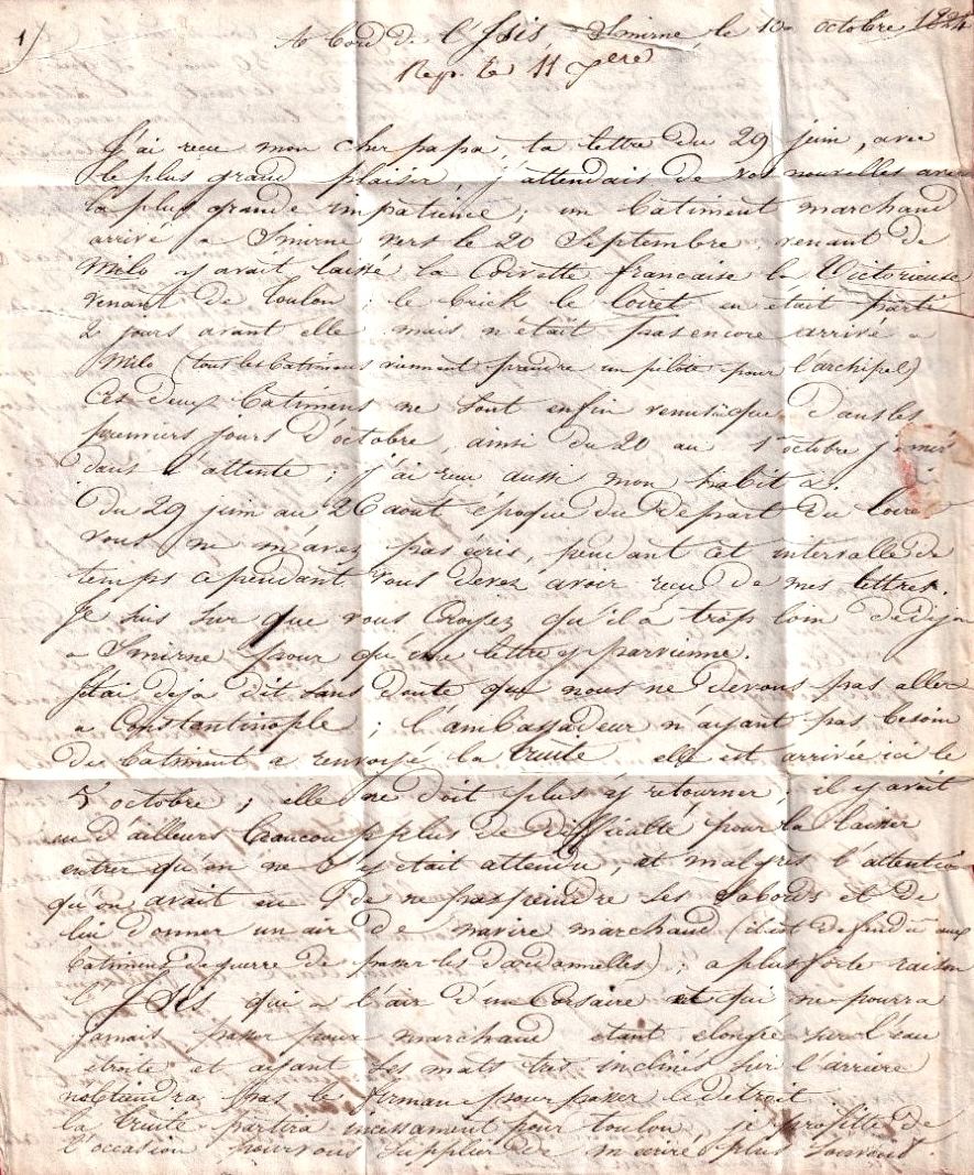 Première page de la lettre à son père de l'enseigne de vaisseau Edouard Ernest de Rostaing, officier à bord de la frégate française l'Isis mouillée en rade de Smyrne en 1824