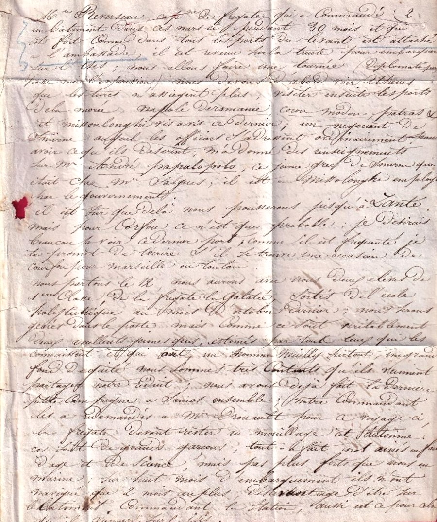 Seconde page de la lettre à son père de l'enseigne de vaisseau Edouard Ernest de Rostaing, officier à bord de la frégate française l'Isis mouillée en rade de Smyrne en 1824
