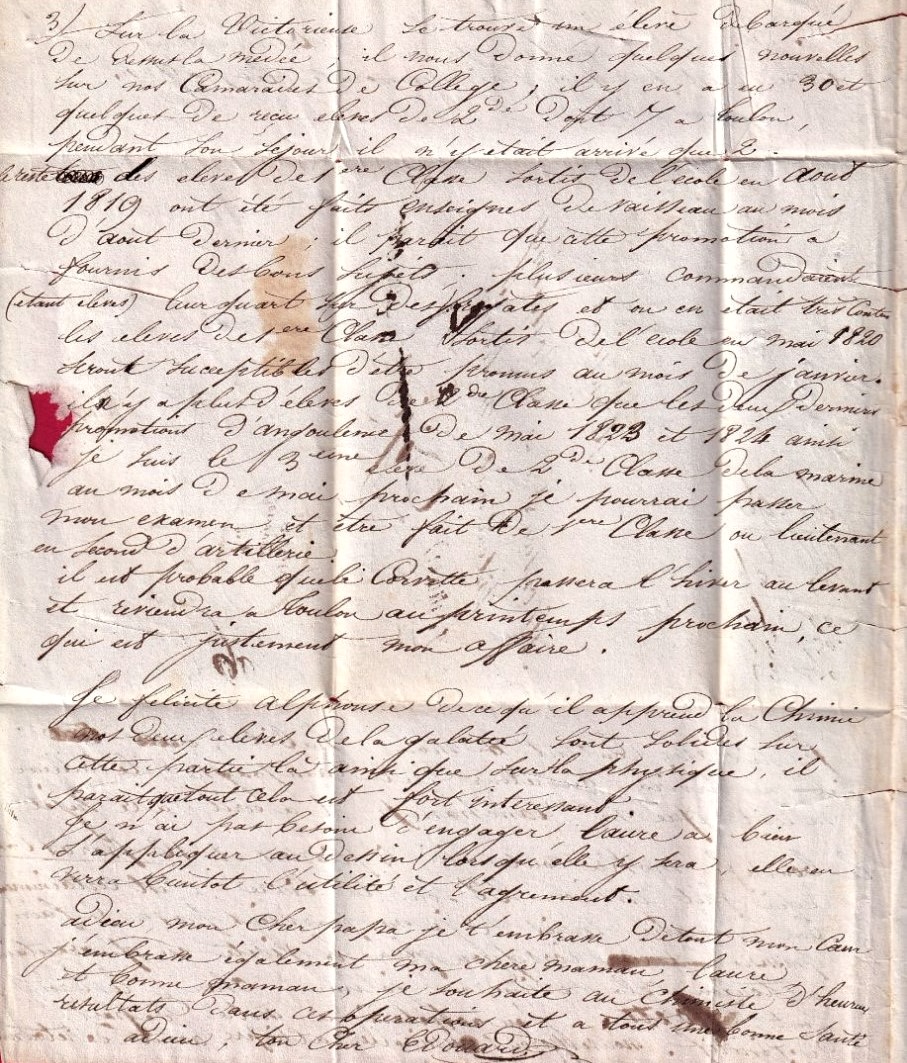 Troisième page de la lettre à son père de l'enseigne de vaisseau Edouard Ernest de Rostaing, officier à bord de la frégate française l'Isis mouillée en rade de Smyrne en 1824