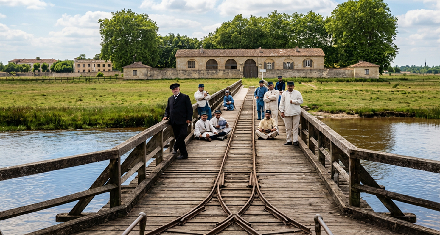 Ponton du lazaret de Trompeloup vers 1916. L'établissement sanitaire, un temps converti en camp de prisonniers de guerre allemands, est devenu un hôpital militaire auxiliaire. C'est la raison de la présence d'uniformes blancs sur l'image. Restauration et colorisation par Didier Lebouc d'une carte postale d'époque.