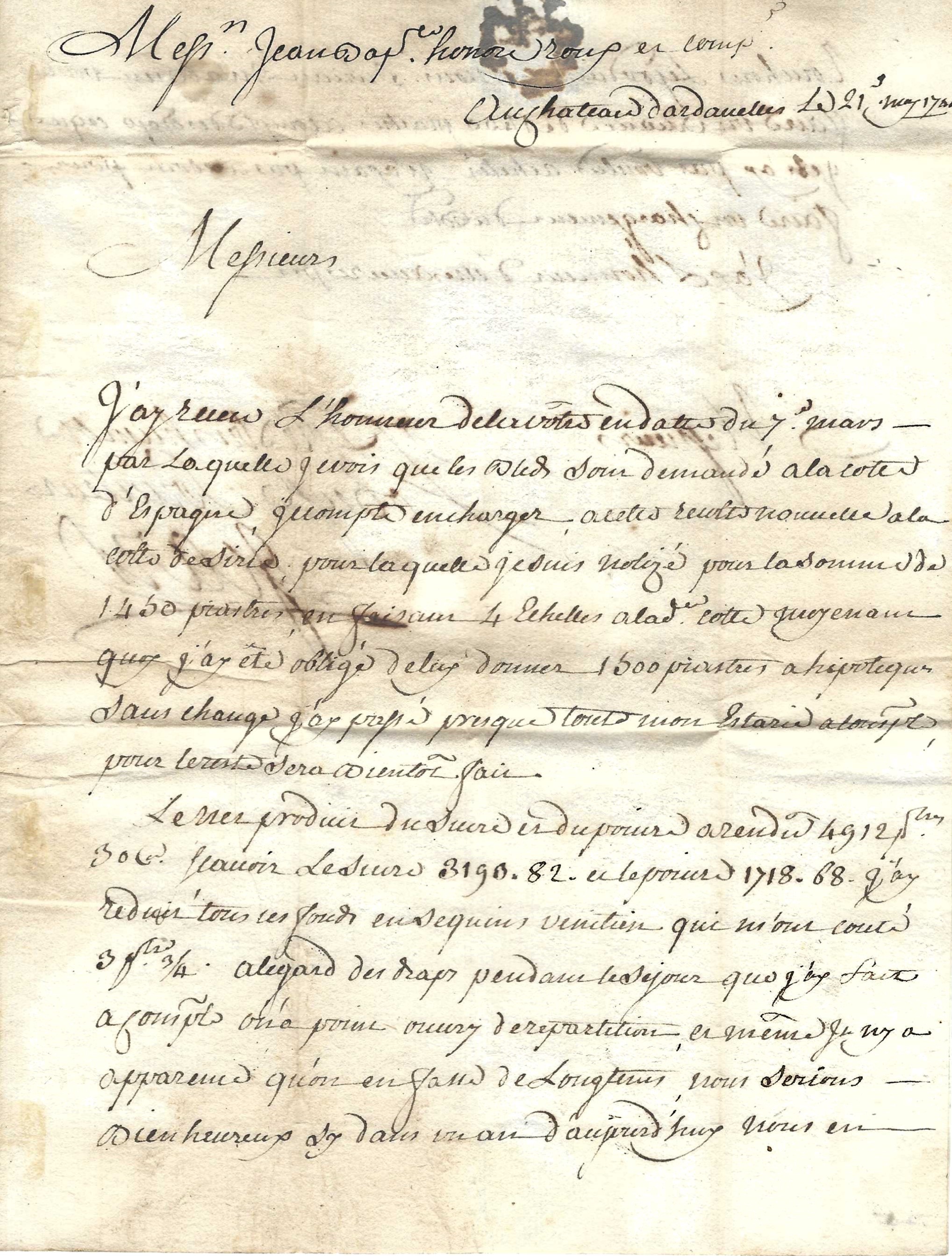 Contenu de la lettre écrite au château des Dardanelles, dans l'actuelle Turquie, concernant le commerce de blé avec la France en période d'épidémie de peste.