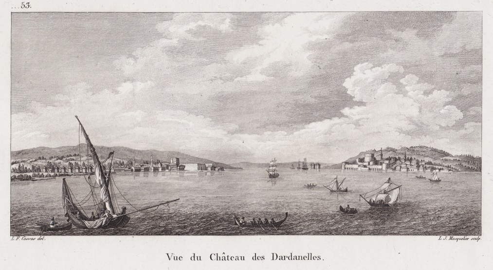 Vue du château et canal des Dardanelles vers 1780. Le canal des Dardanelles relie la mer de Marmara à la mer Égée (source : Gallica).