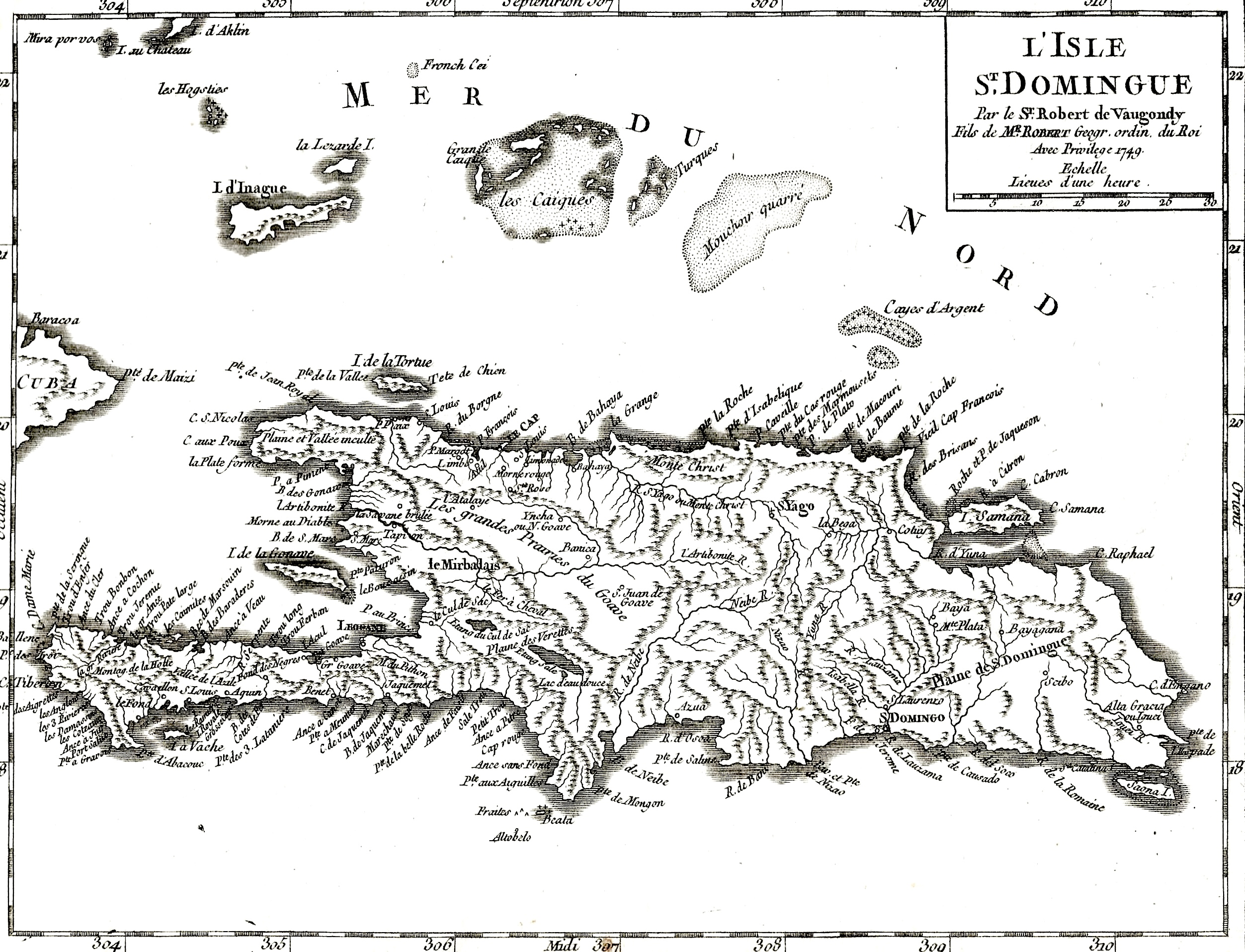 Carte de l'Isle de Saint-Domingue par le sieur Robert de Vaugondy en 1749.