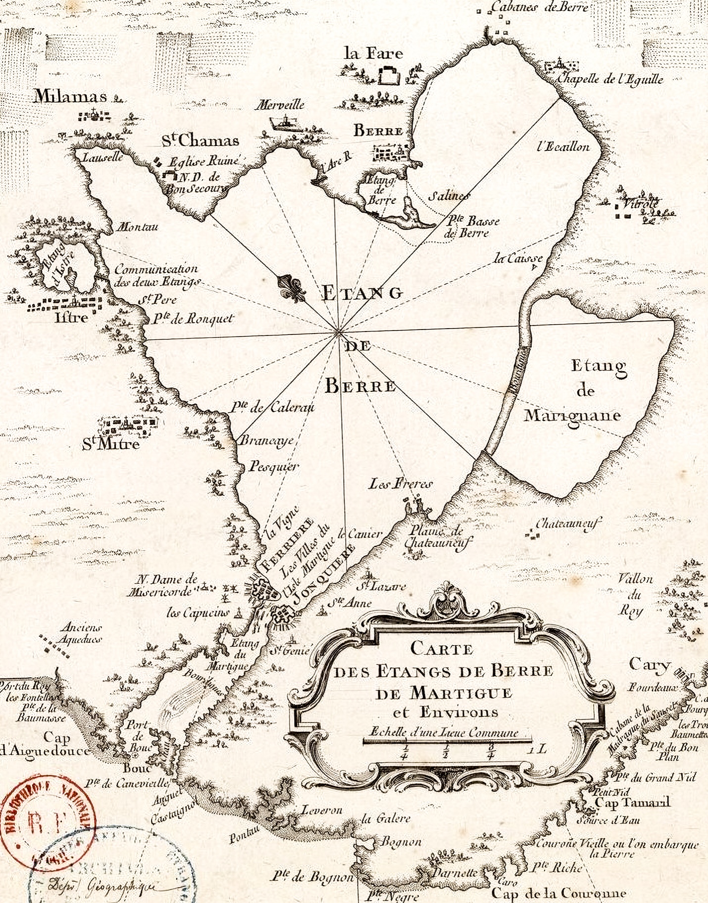 Carte des étangs de Berre de Martigue et environs par Bellin en 1764 (source Gallica).