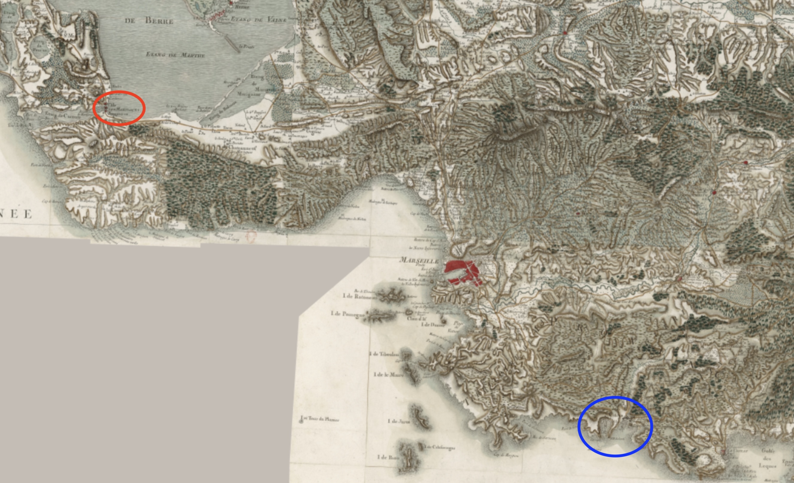 Carte dite de Cassini, vers 1797, Martigues est au nord-ouest de la carte entourée de rouge, Cassis au sud-est entouré de bleu (sources : Wikipedia, Gallica, Géoportail, David Rumsey, Library of Congress).