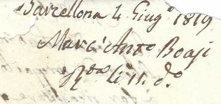 En-tête de la lettre : « Barcellona, 4 Giug° 1819 ».