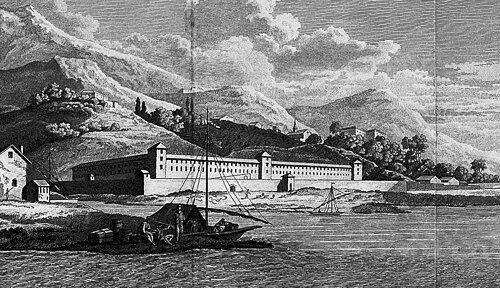 Eau-forte de Louis Garribeau en 1787 représentant le lazaret de La Foce qui devait vraiment en imposer en arrivant par la mer (source Wikipédia).