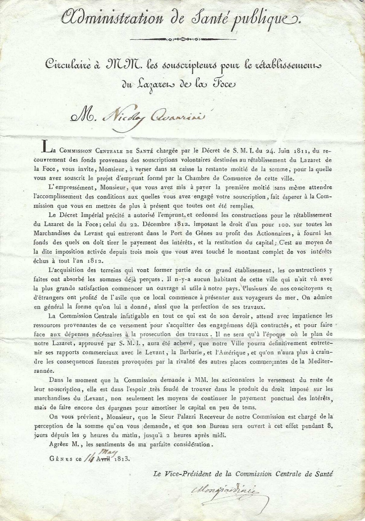 Circulaire du 14 mai 1813 à Messieurs les souscripteurs pour le rétablissement du lazaret de La Foce, signée Mongiardini.