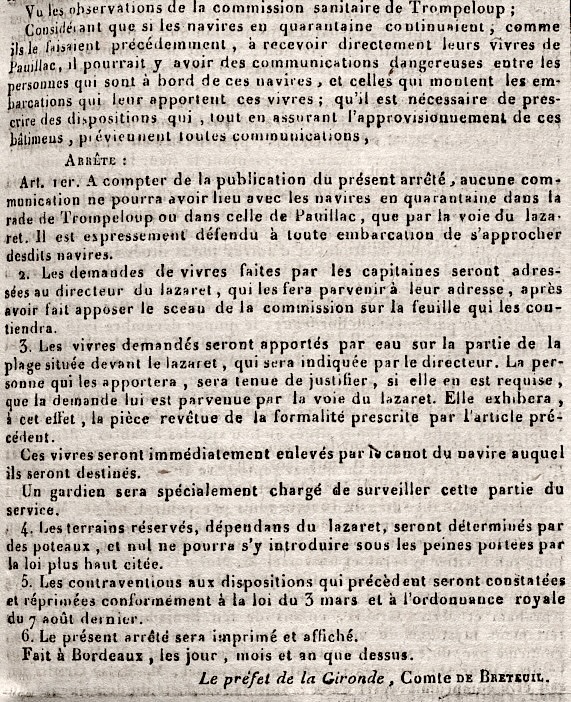 Suite du règlement intérieur du lazaret de Trompeloup de 1822 (source Séléné Bordeaux).
