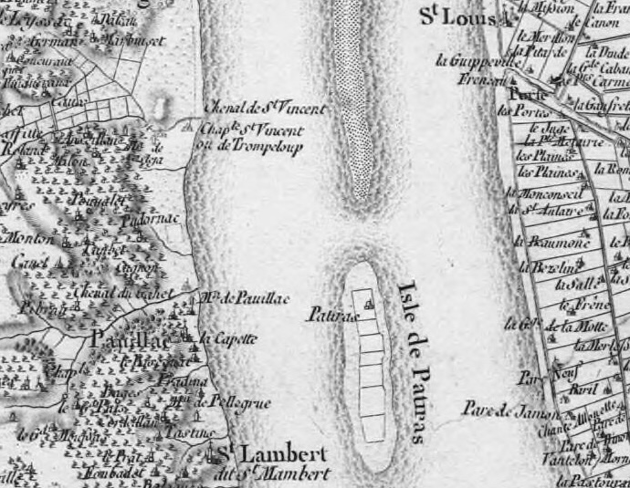 Carte de Cassini avec l’île de Patiras au milieu de la Gironde, Pauillac en face de l'île sur la rive ouest et le site de Trompeloup au nord de Pauillac en droit d'un haut-fond (source Gallica).