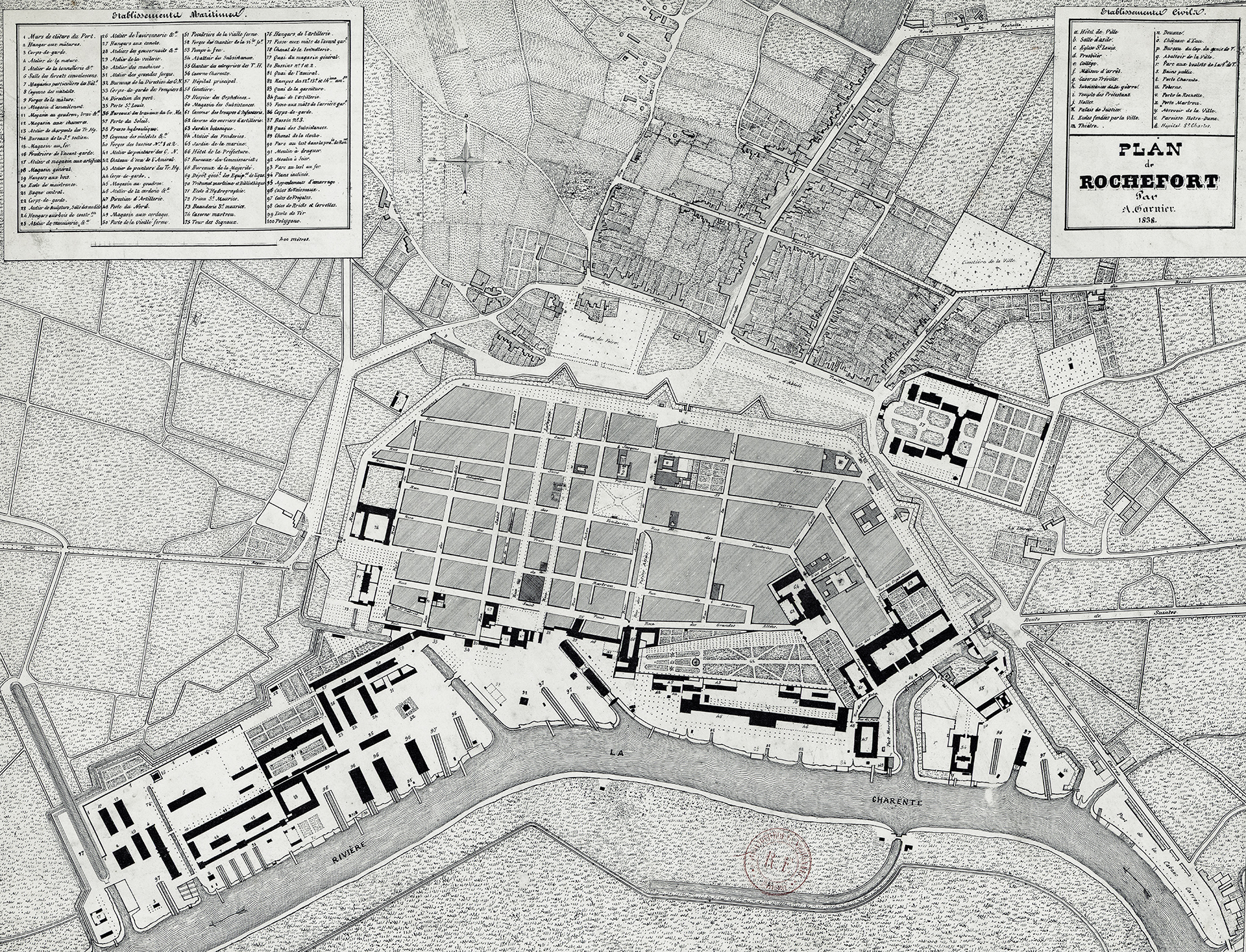 Plan de la ville de Rochefort établi par Garnier en 1838 (source Gallica).