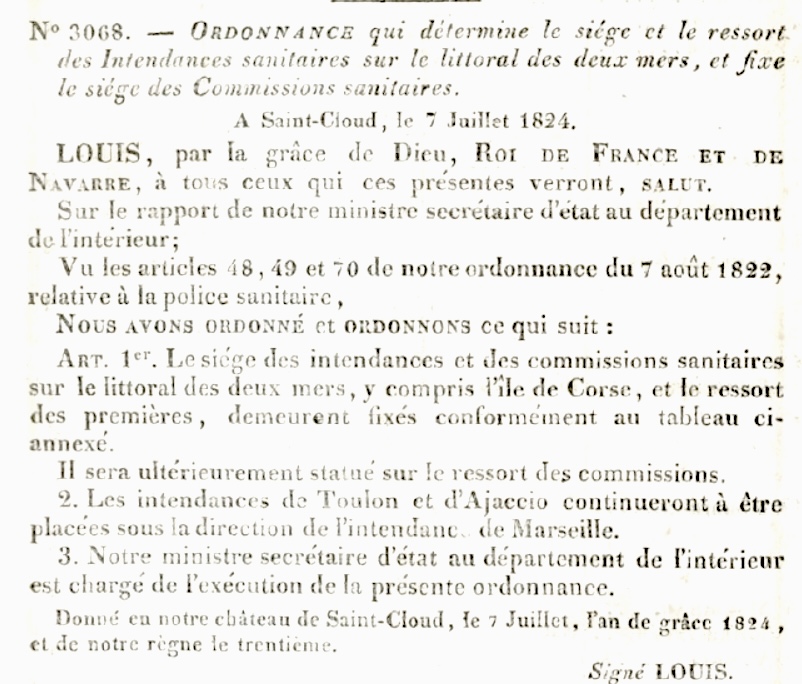 Ordonnance n°3068 du roi Louis XVIII déterminant le siège et le ressort des intendances sanitaires sur le littoral des deux mers.