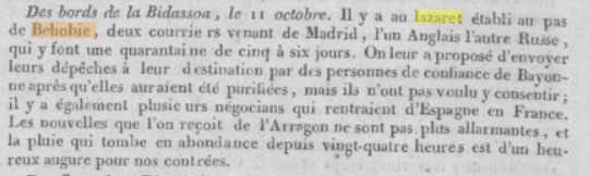 Extrait du journal politique et littéraire de Toulouse et de la Haute-Garonne du 17 octobre 1821 mentionnant l'ouverture du lazaret de Béhobie le 11 octobre (source: Retronews).
