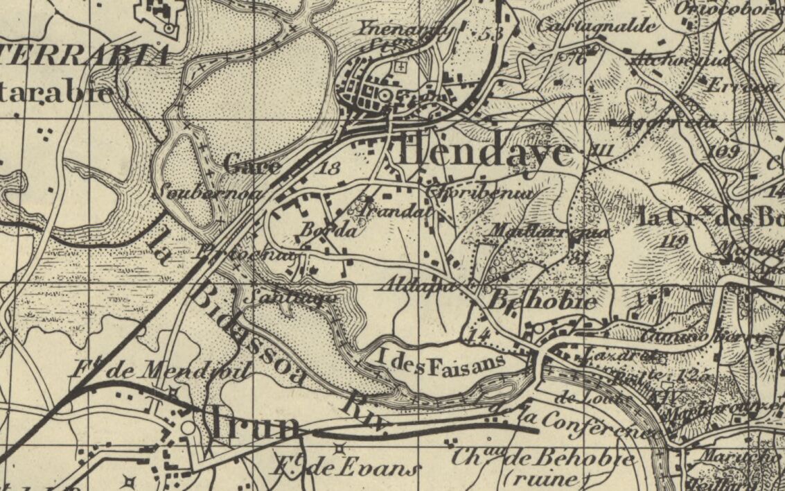 Carte d’état-major de 1822 mentionnant le lazaret sur la rive nord de la Bidassoa, au sud-est du village de Béhobie, à l'est de l'île des Faisans.