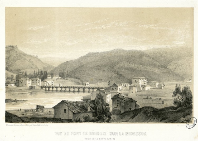 Vue du pont de Béhobie sur la Bidassoa vers 1830 (source : Gallica).