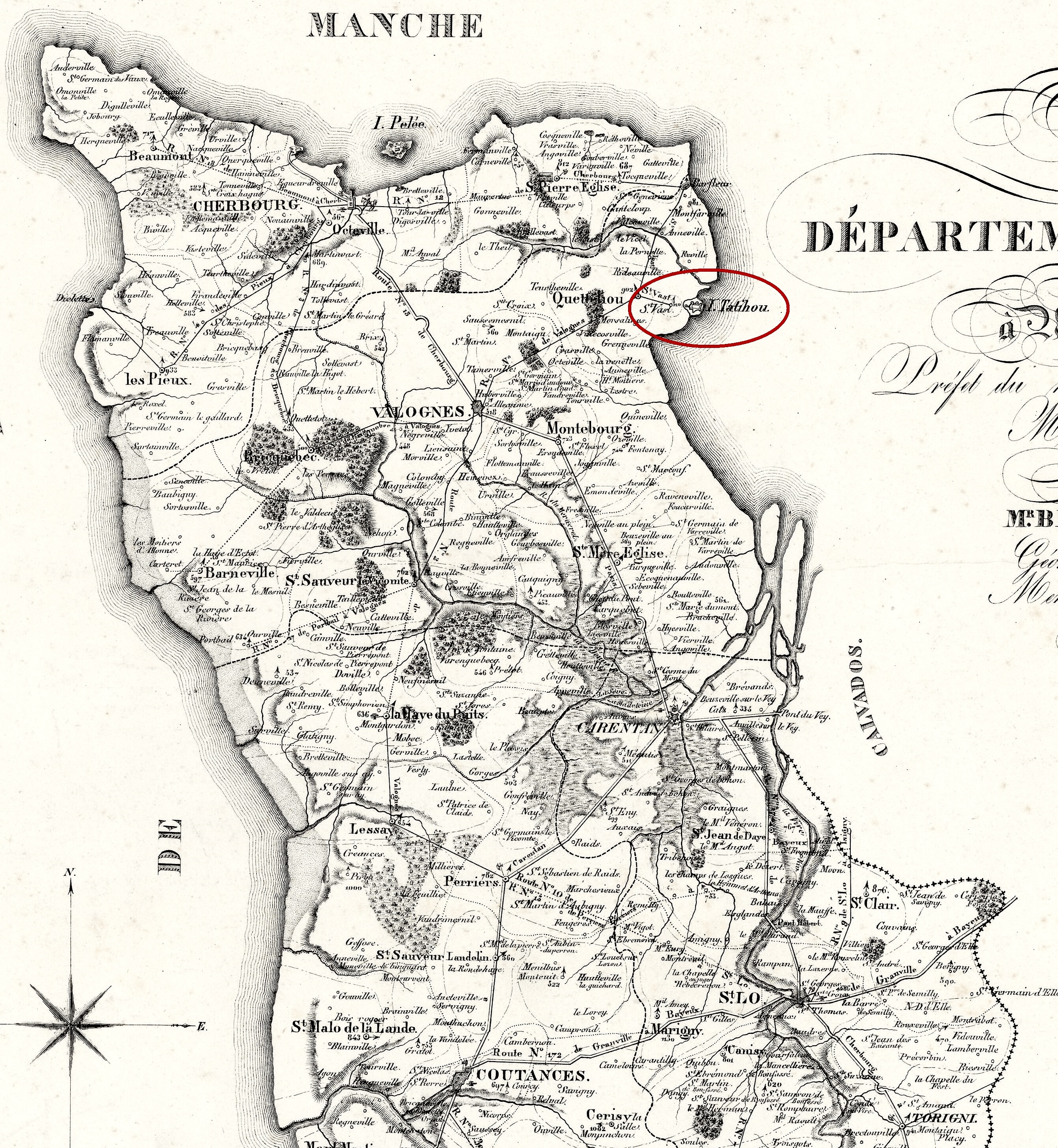 Situation du port de Saint-Vaast et de l'île de Tatihou sur une carte de la Manche vers 1850 (source Gallica).